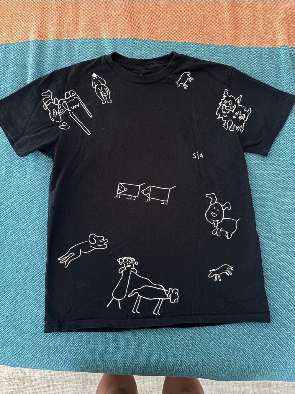 Black Graphic T-Shirt with White Dog Sketches